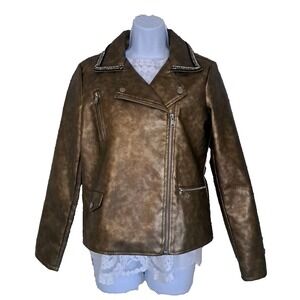 BACCINI Jacket M Gold Metallic Faux Leather Zip Beaded Collar Biker Mob Wife